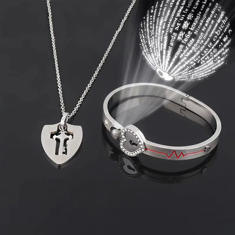 Couples Titanium Steel Jewelry Heart Lock Projection Multilingual Tiara Stainless Steel Alloy Fashionable Valentine's Day Gift