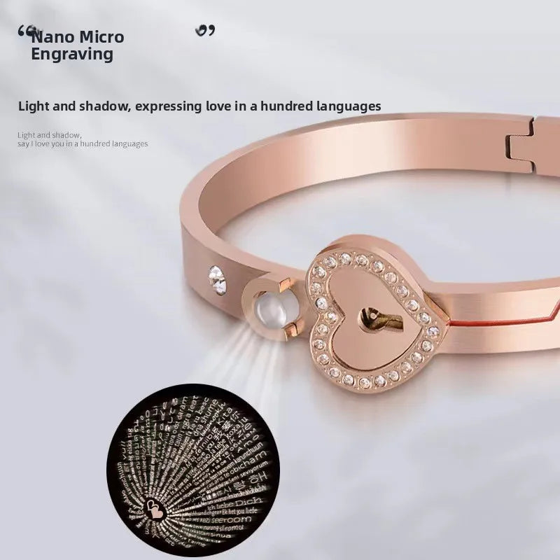 Couples Titanium Steel Jewelry Heart Lock Projection Multilingual Tiara Stainless Steel Alloy Fashionable Valentine's Day Gift