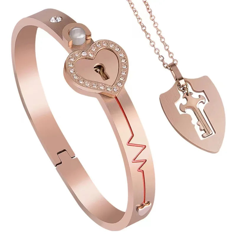 Couples Titanium Steel Jewelry Heart Lock Projection Multilingual Tiara Stainless Steel Alloy Fashionable Valentine's Day Gift