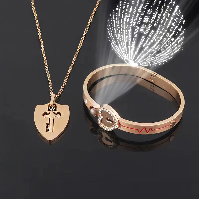 Couples Titanium Steel Jewelry Heart Lock Projection Multilingual Tiara Stainless Steel Alloy Fashionable Valentine's Day Gift
