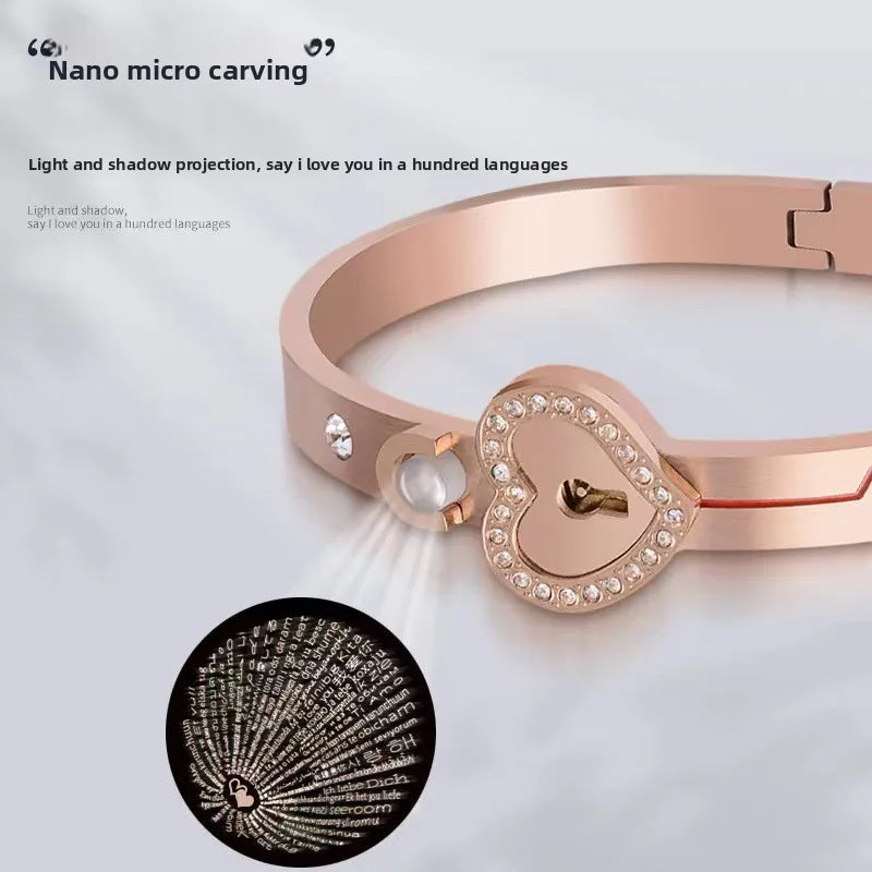 Couples Titanium Steel Jewelry Heart Lock Projection Multilingual Tiara Stainless Steel Alloy Fashionable Valentine's Day Gift