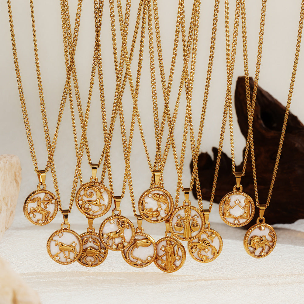 12 Zodiac Signs Stainless Steel Necklace Versatile Women's Round PVD-Plated Fashion Shell Necklace