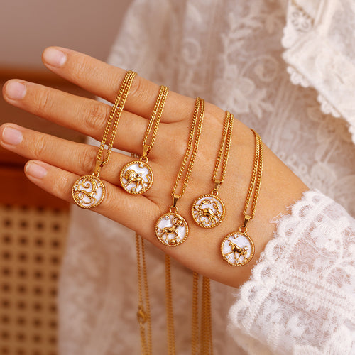 12 Zodiac Signs Stainless Steel Necklace Versatile Women's Round PVD-Plated Fashion Shell Necklace