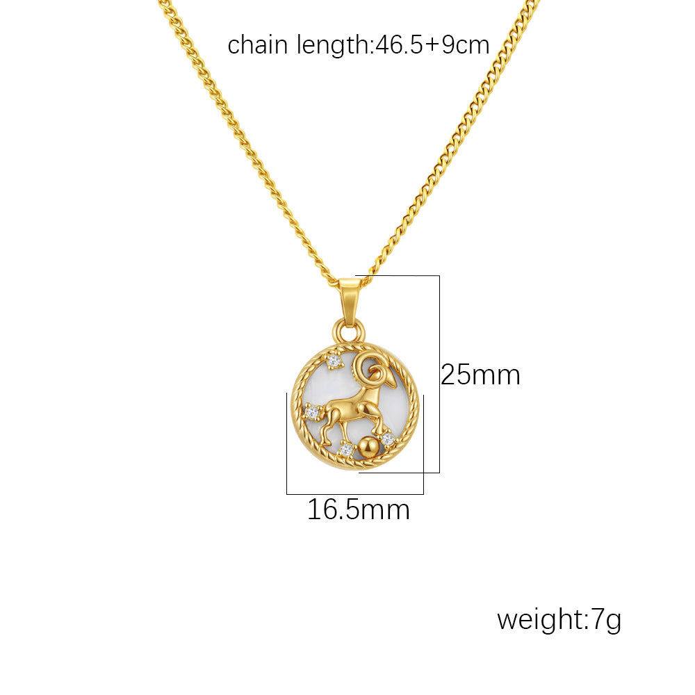 12 Zodiac Signs Stainless Steel Necklace Versatile Women's Round PVD-Plated Fashion Shell Necklace