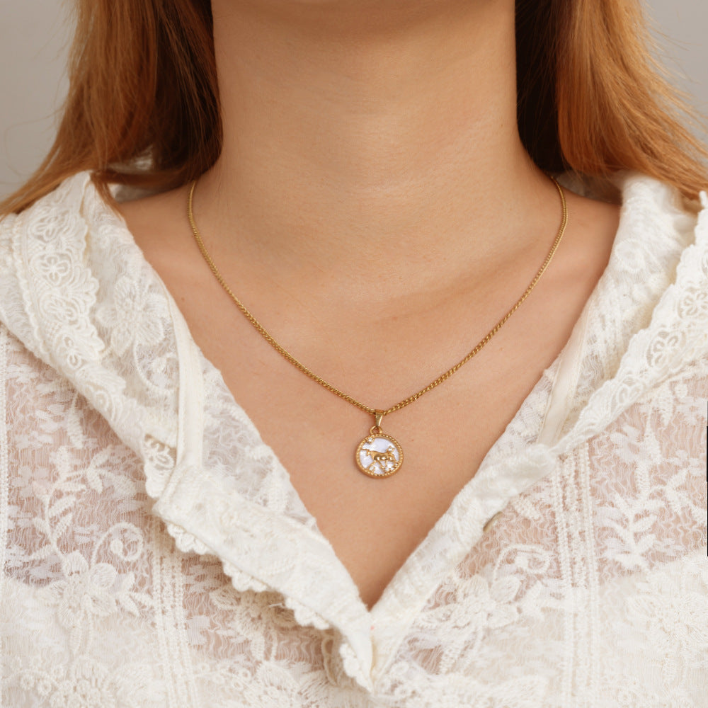 12 Zodiac Signs Stainless Steel Necklace Versatile Women's Round PVD-Plated Fashion Shell Necklace