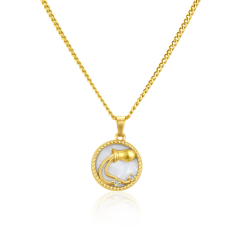12 Zodiac Signs Stainless Steel Necklace Versatile Women's Round PVD-Plated Fashion Shell Necklace