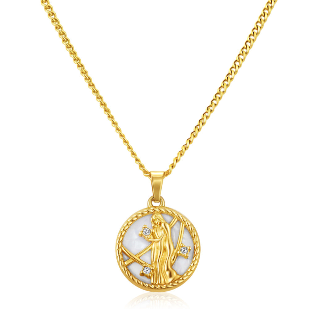 12 Zodiac Signs Stainless Steel Necklace Versatile Women's Round PVD-Plated Fashion Shell Necklace