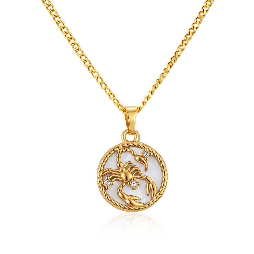 12 Zodiac Signs Stainless Steel Necklace Versatile Women's Round PVD-Plated Fashion Shell Necklace