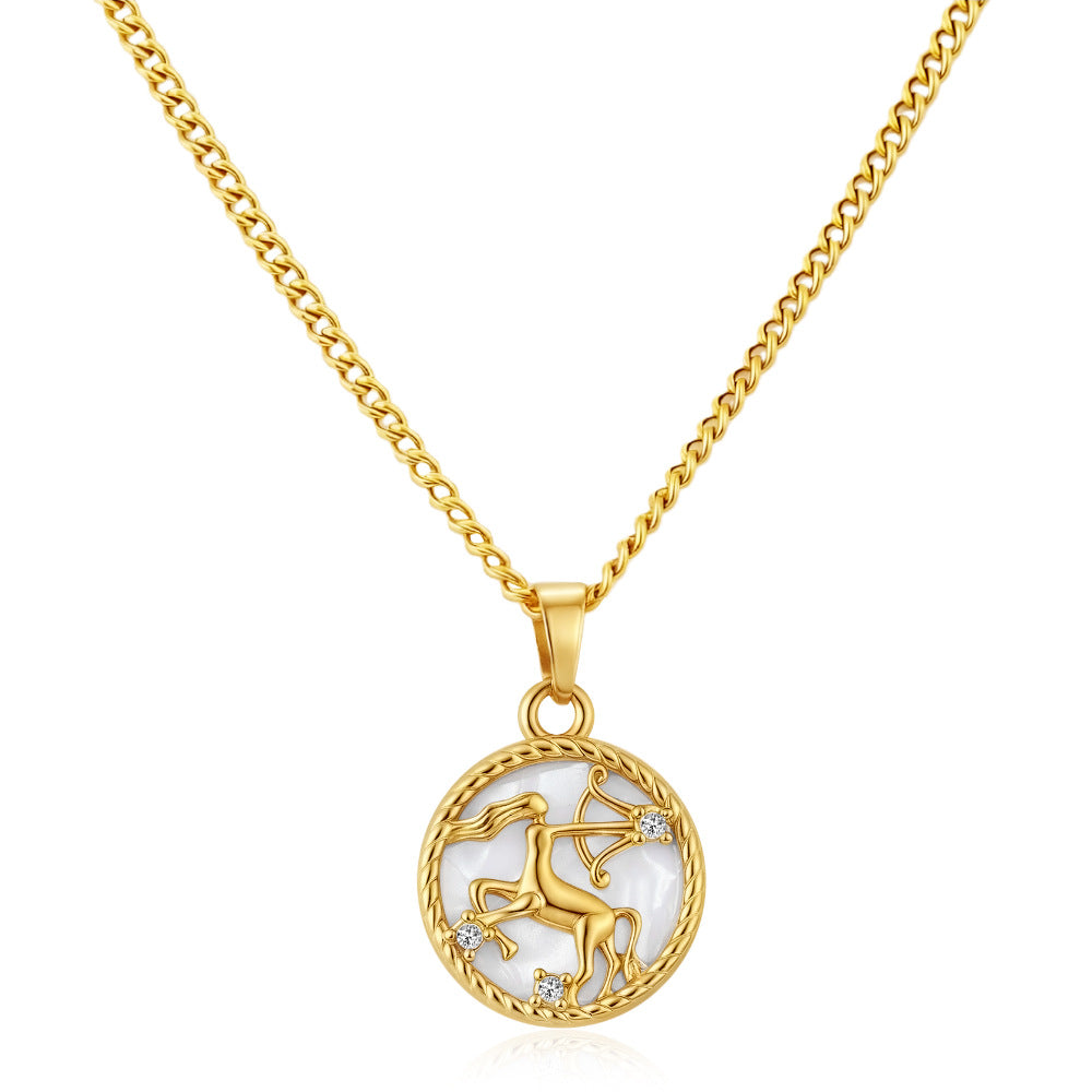 12 Zodiac Signs Stainless Steel Necklace Versatile Women's Round PVD-Plated Fashion Shell Necklace