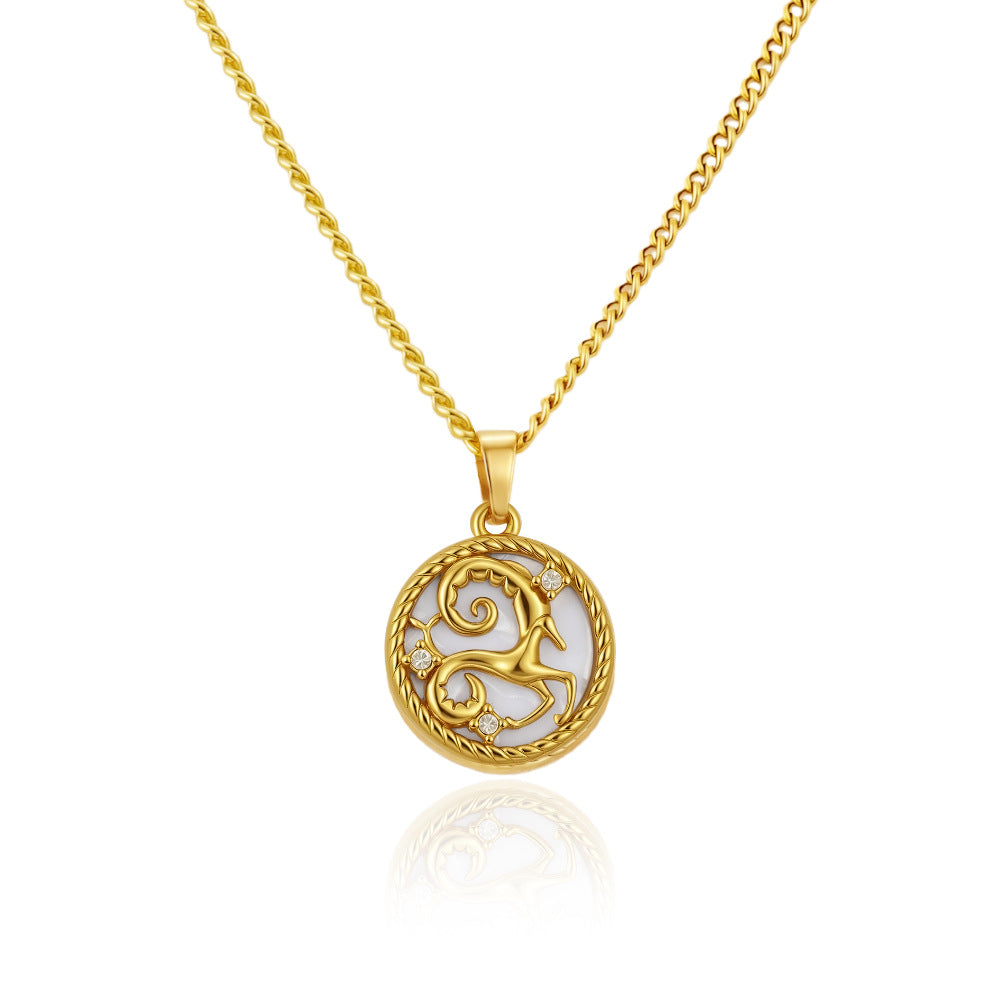 12 Zodiac Signs Stainless Steel Necklace Versatile Women's Round PVD-Plated Fashion Shell Necklace