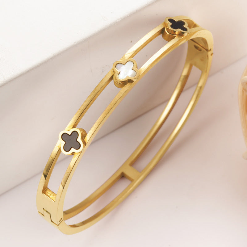 Stainless Steel Open-Ended Bracelet Titanium Steel Four-Leaf Clover Bracelet