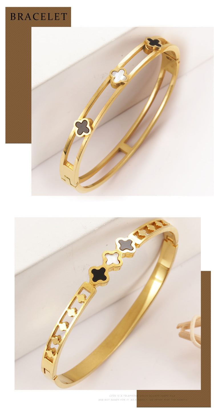 Titanium and Steel Four-Leaf Clover Fashionable Bracelet for Women