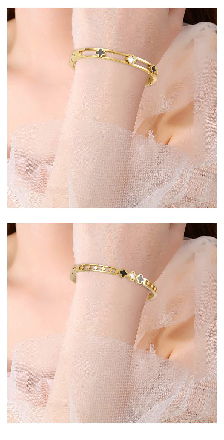 Titanium and Steel Four-Leaf Clover Fashionable Bracelet for Women