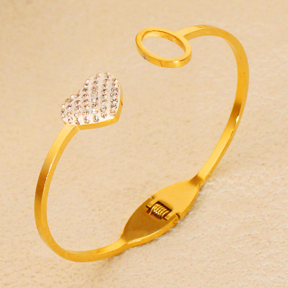 Heart-Shaped Bracelet Titanium Steel with Diamond-Set Heart-Shaped Open Circle Thickened with 18K Gold Plating