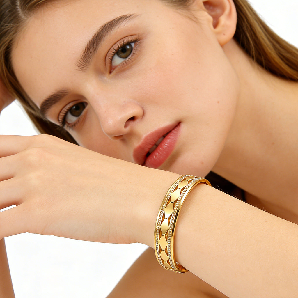 openwork double-row diamond-studded bracelet stylish minimalist stainless steel bracelet