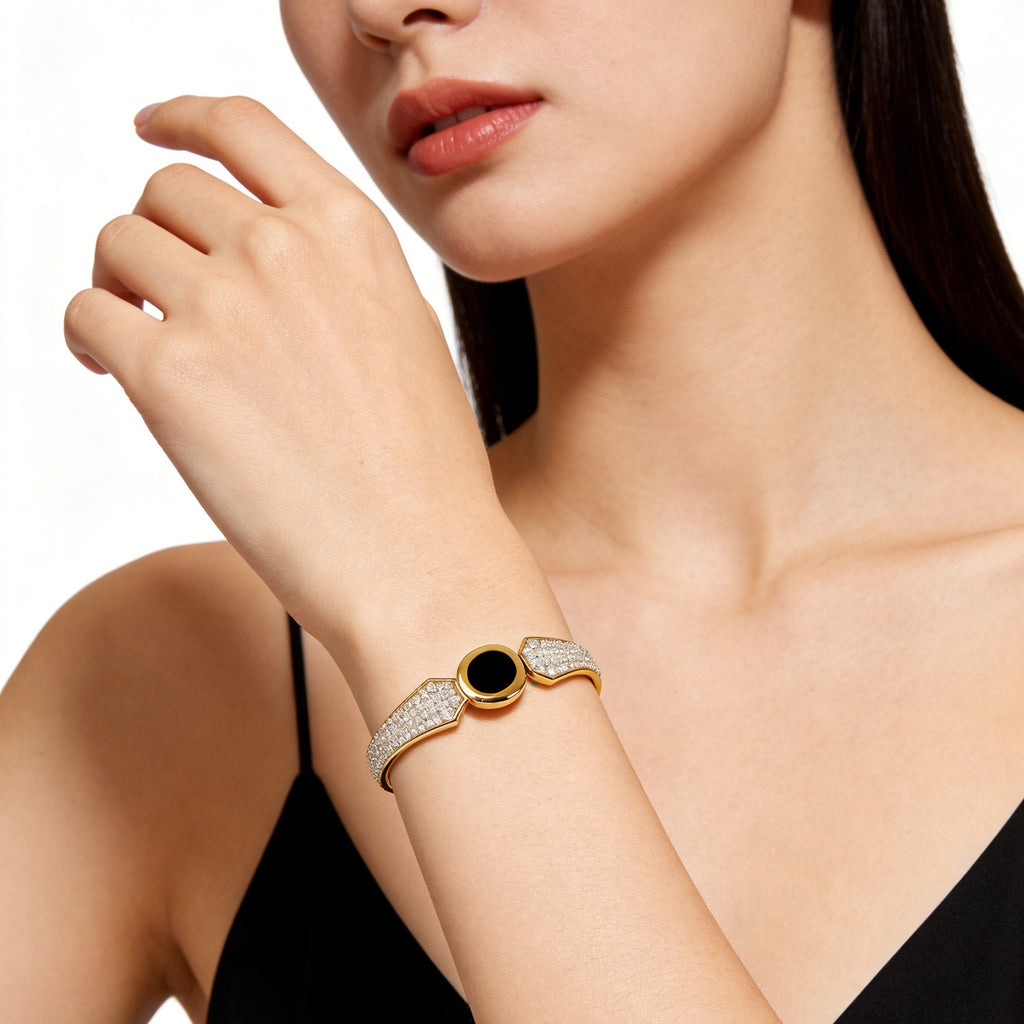 Elegant Stainless Steel Bracelet 18K Gold-Plated with Full Diamond Setting