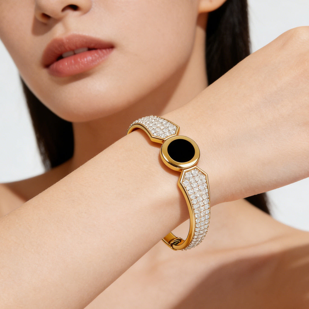 Elegant Stainless Steel Bracelet 18K Gold-Plated with Full Diamond Setting