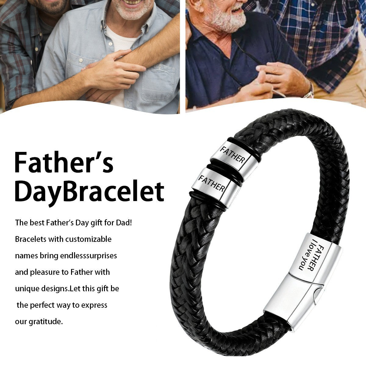 Double-layered Round Leather Cord Bracelet Black DIY Engravable Stainless Steel Magnetic Clasp Bracelet