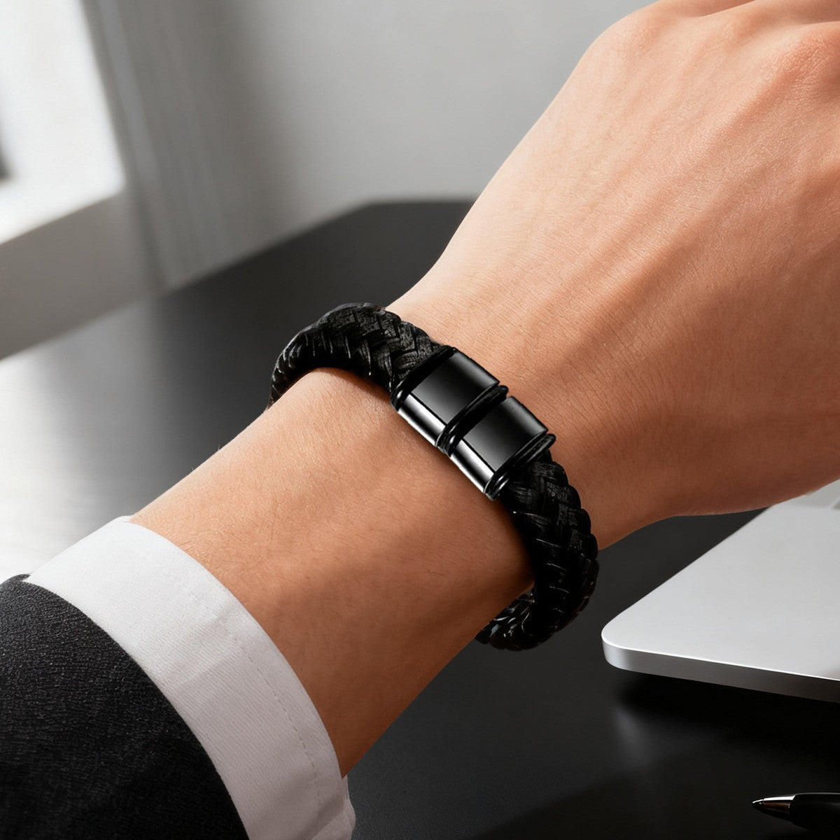 Double-layered Round Leather Cord Bracelet Black DIY Engravable Stainless Steel Magnetic Clasp Bracelet