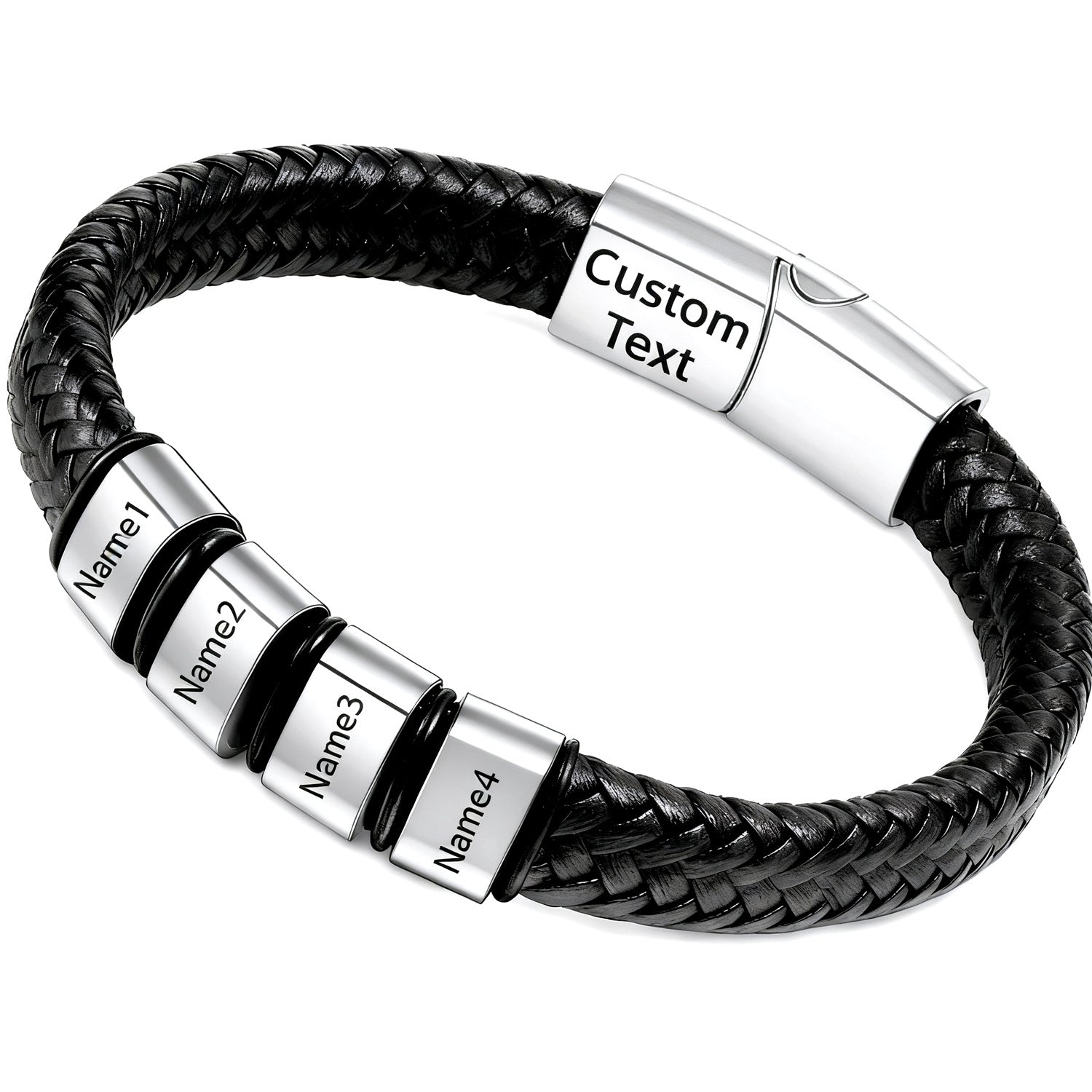 Double-layered Round Leather Cord Bracelet Black DIY Engravable Stainless Steel Magnetic Clasp Bracelet