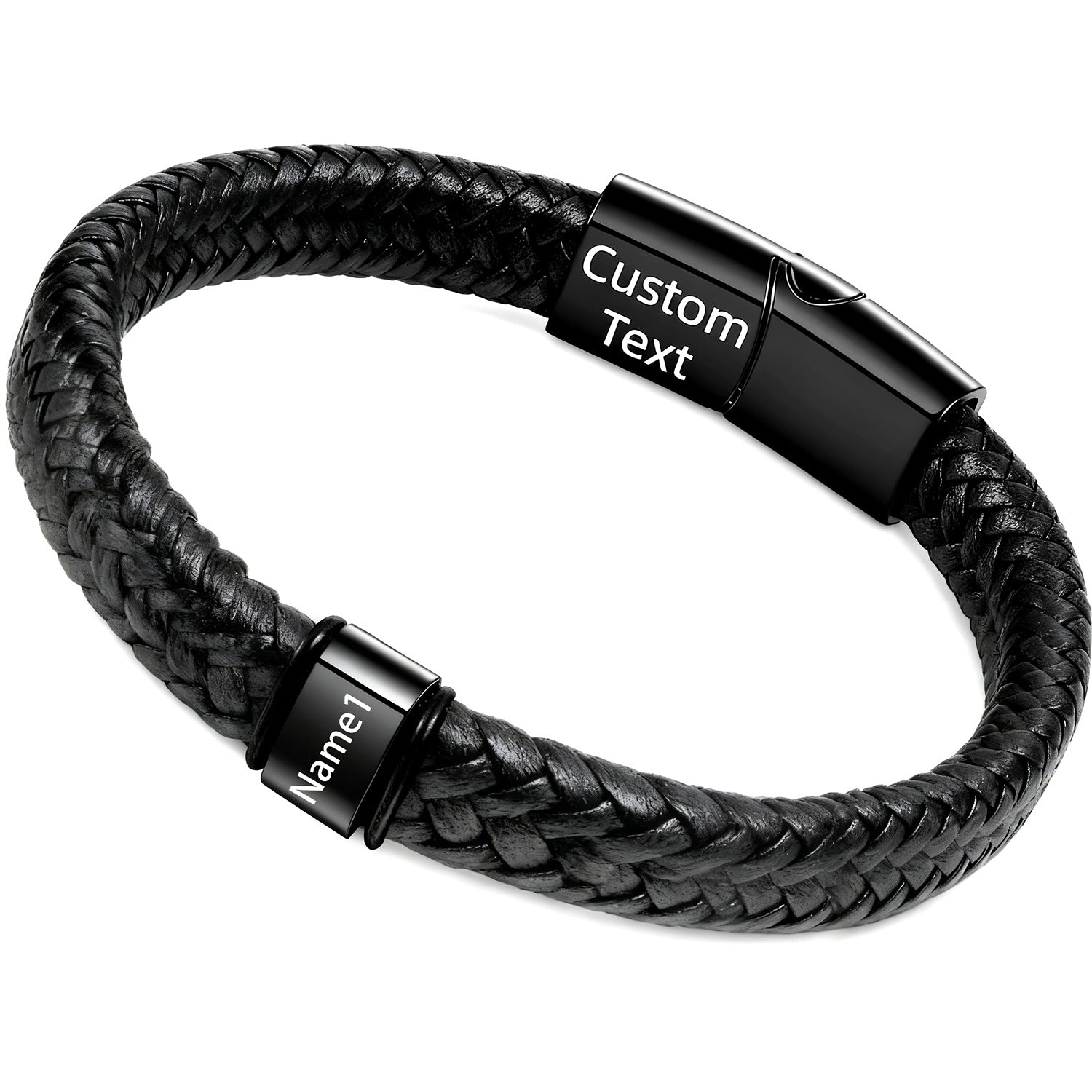 Double-layered Round Leather Cord Bracelet Black DIY Engravable Stainless Steel Magnetic Clasp Bracelet