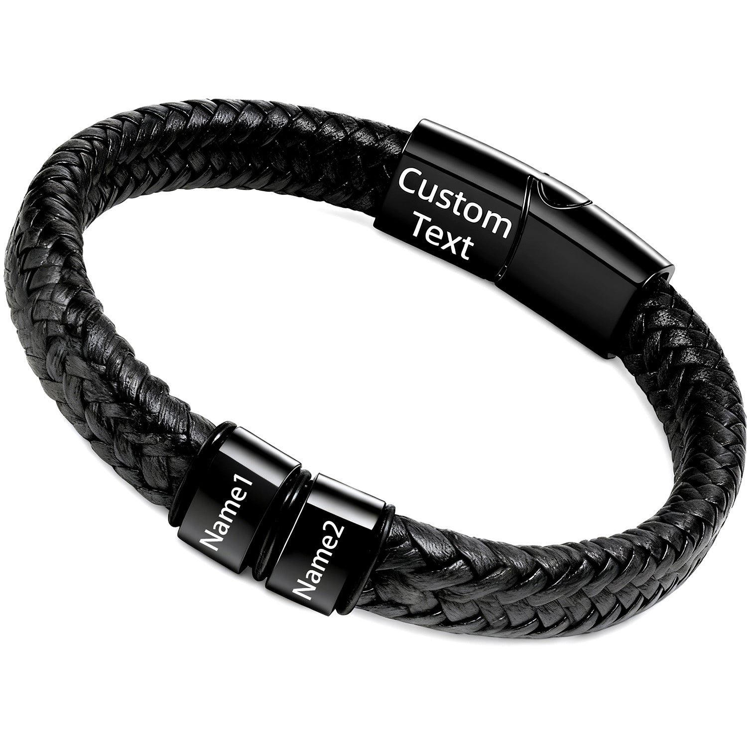 Double-layered Round Leather Cord Bracelet Black DIY Engravable Stainless Steel Magnetic Clasp Bracelet