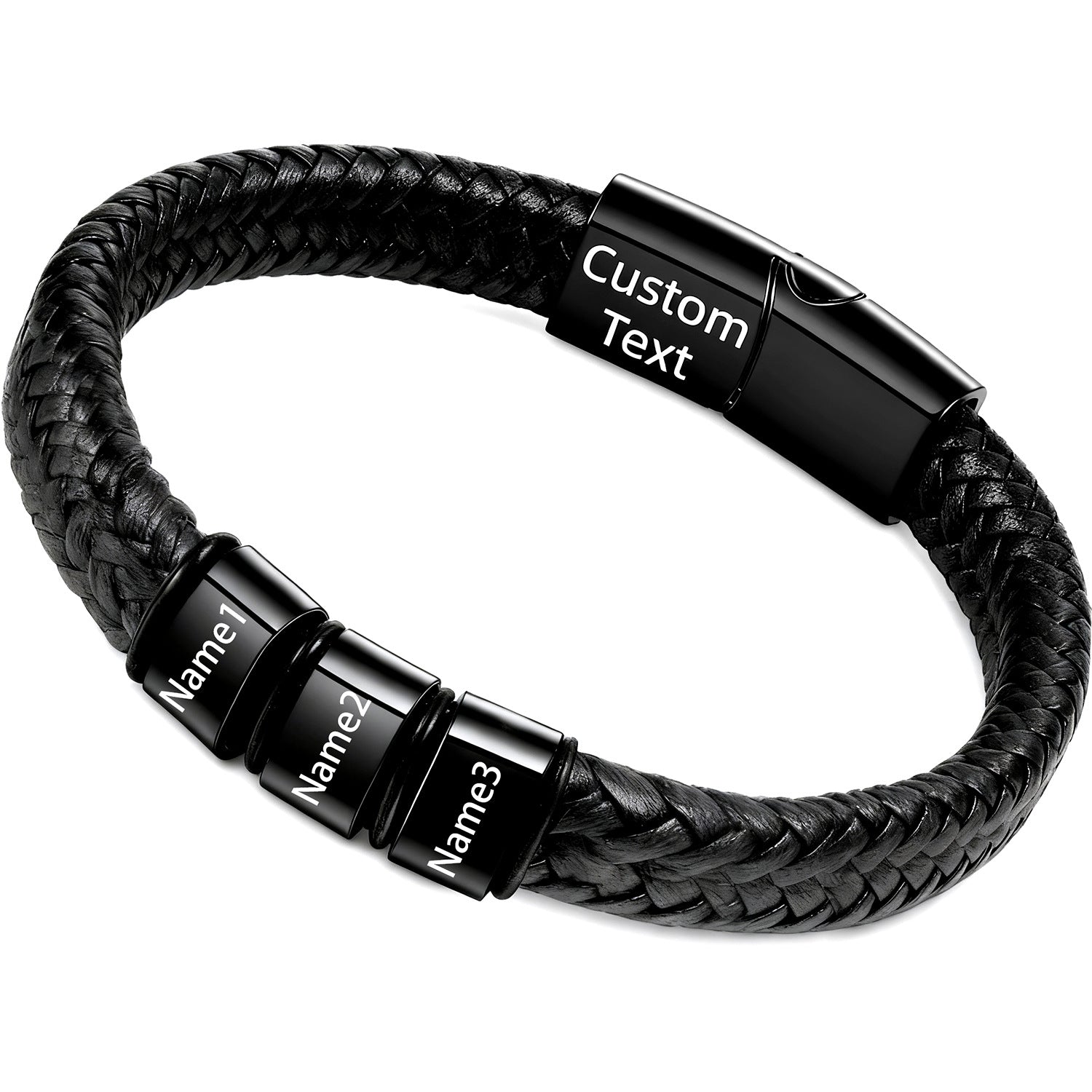 Double-layered Round Leather Cord Bracelet Black DIY Engravable Stainless Steel Magnetic Clasp Bracelet