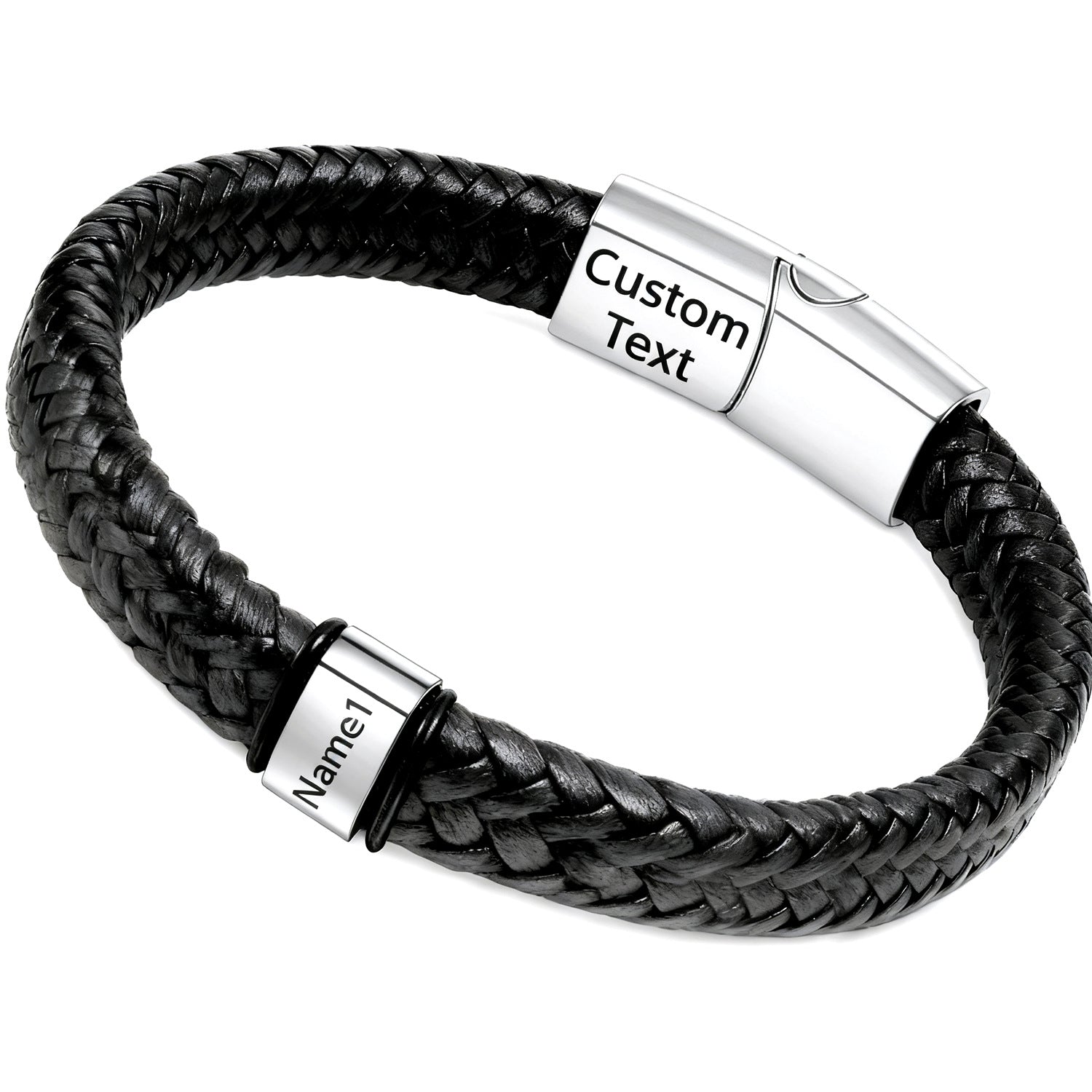 Double-layered Round Leather Cord Bracelet Black DIY Engravable Stainless Steel Magnetic Clasp Bracelet
