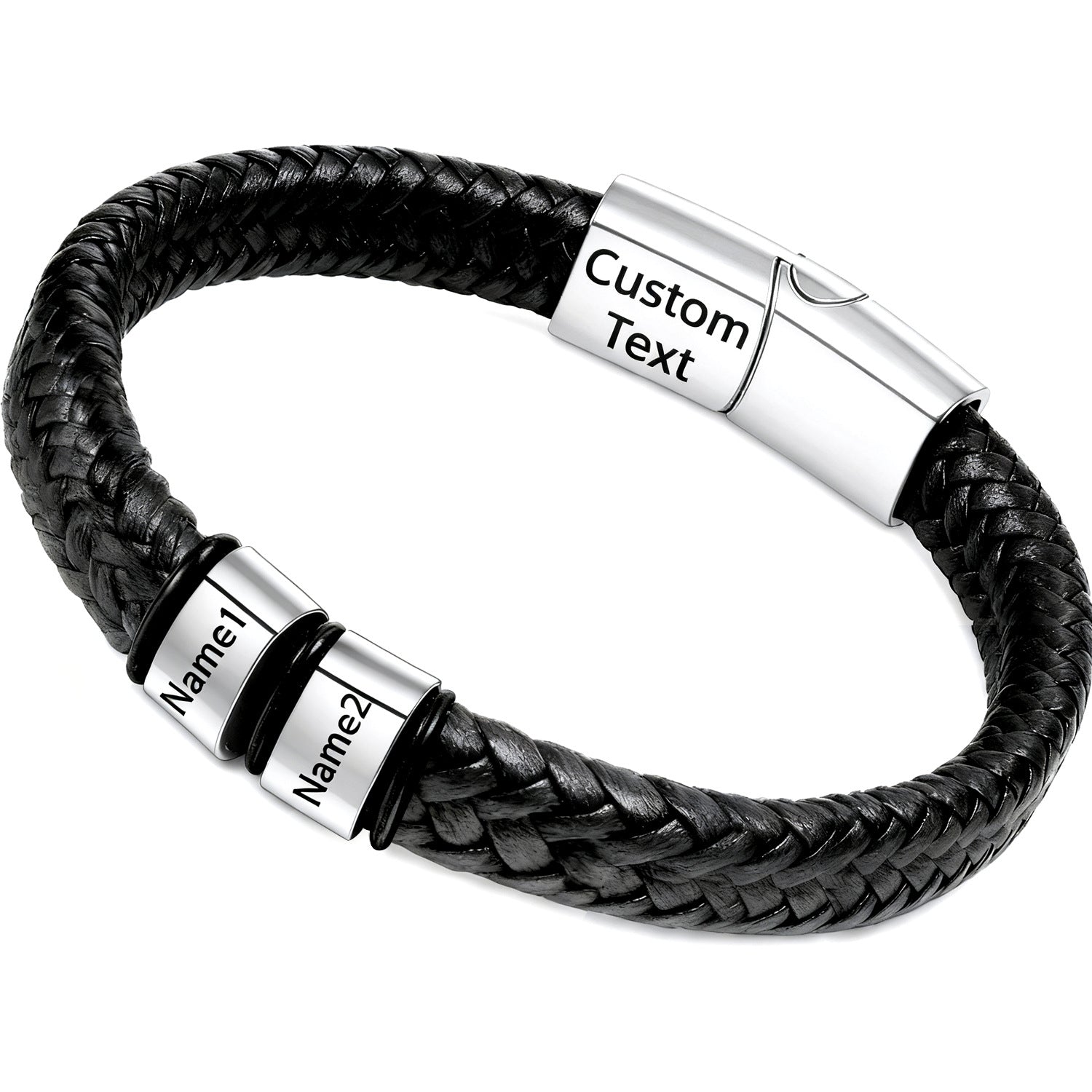 Double-layered Round Leather Cord Bracelet Black DIY Engravable Stainless Steel Magnetic Clasp Bracelet