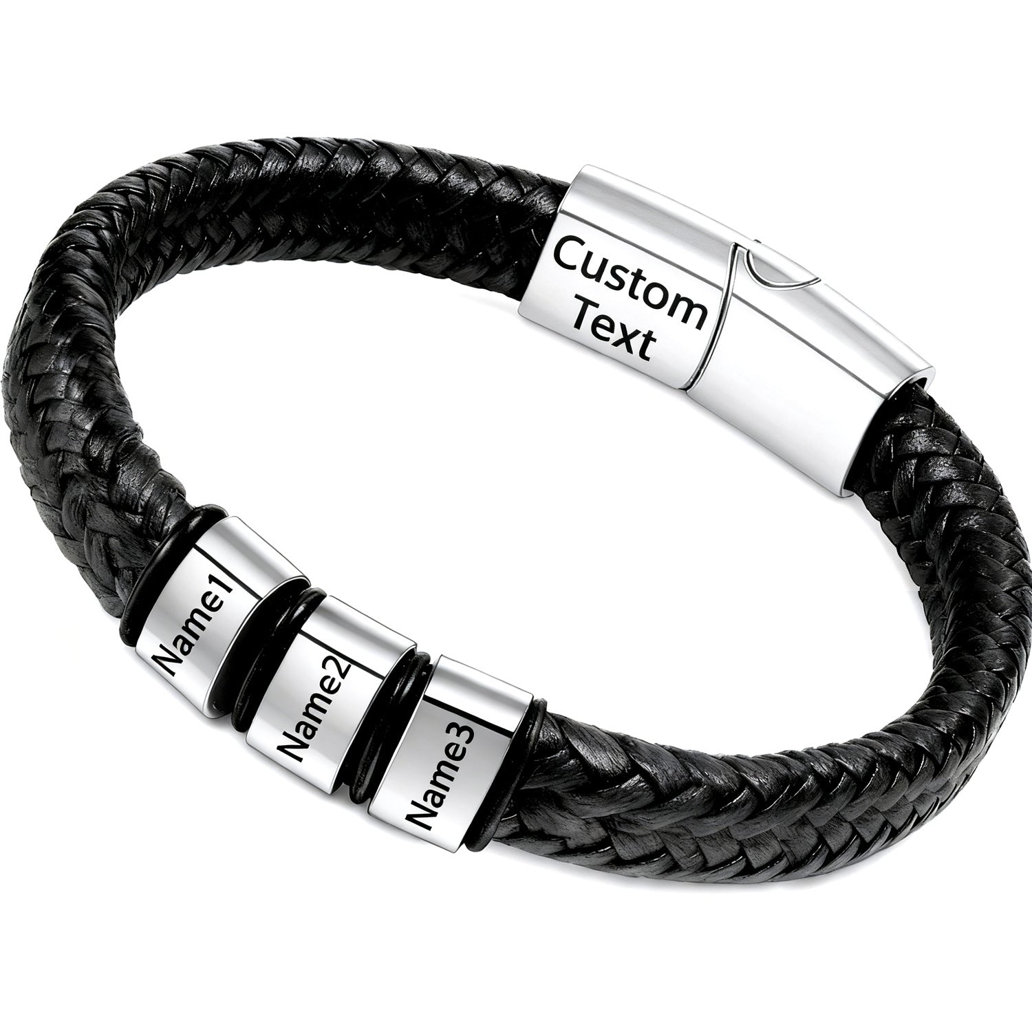 Double-layered Round Leather Cord Bracelet Black DIY Engravable Stainless Steel Magnetic Clasp Bracelet