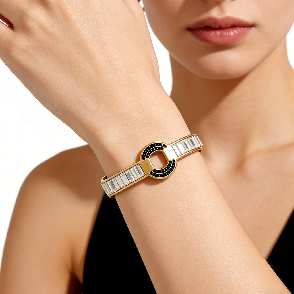Stainless Steel Vacuum-Plated Geometric Bracelet Round Diamond-Set Bracelet for Women