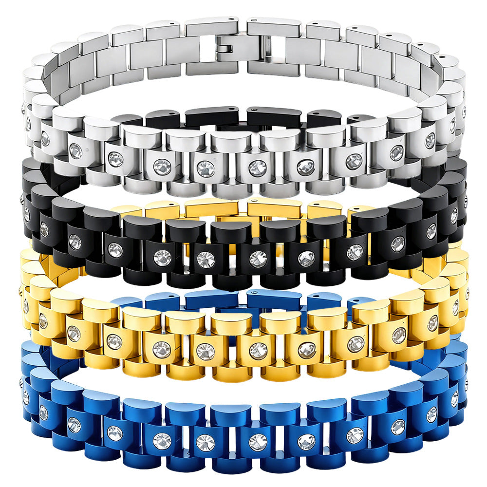 Shiny Retro-Style Rhinestone-Studded Stainless Steel Bracelet