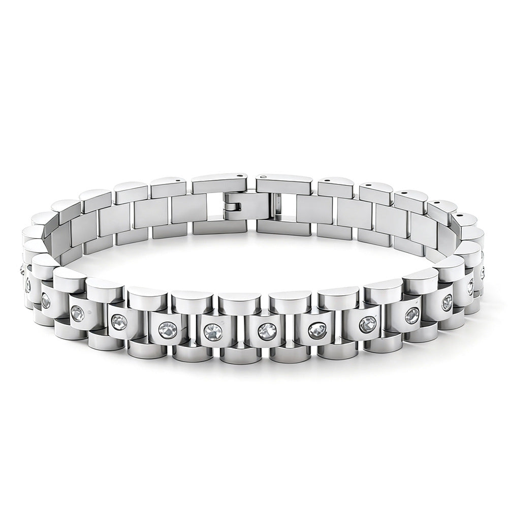 Shiny Retro-Style Rhinestone-Studded Stainless Steel Bracelet