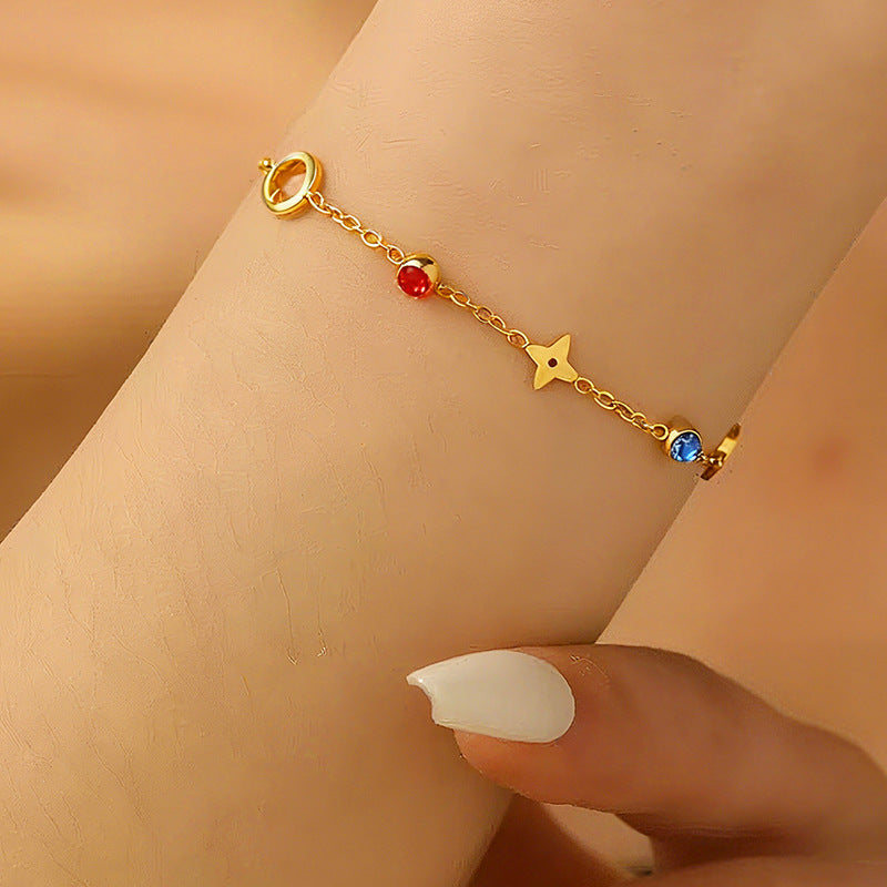 Fengcai Diamond Four-Leaf Clover Light Luxury Openwork Floral Bracelet Gold-Plated Titanium Steel Bracelet