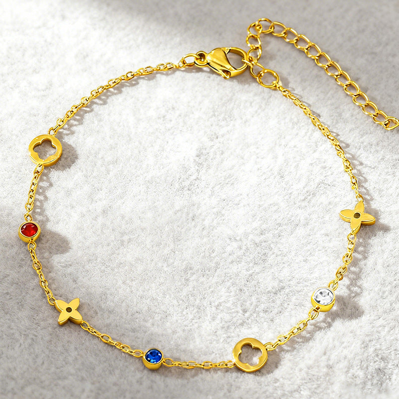 Fengcai Diamond Four-Leaf Clover Light Luxury Openwork Floral Bracelet Gold-Plated Titanium Steel Bracelet
