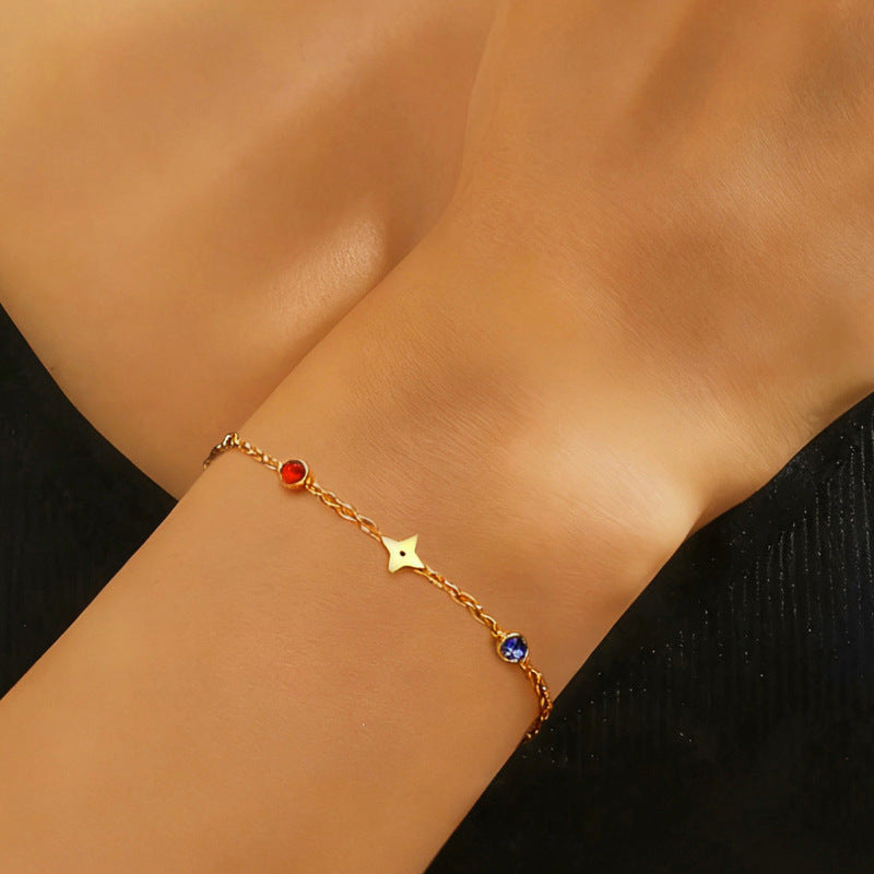 Fengcai Diamond Four-Leaf Clover Light Luxury Openwork Floral Bracelet Gold-Plated Titanium Steel Bracelet