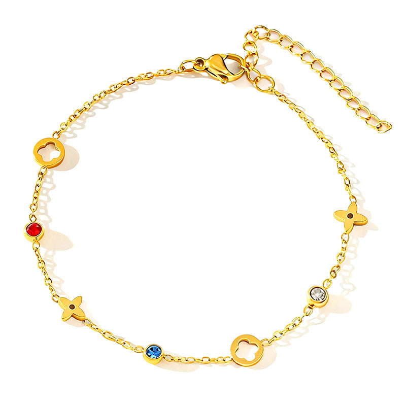 Fengcai Diamond Four-Leaf Clover Light Luxury Openwork Floral Bracelet Gold-Plated Titanium Steel Bracelet