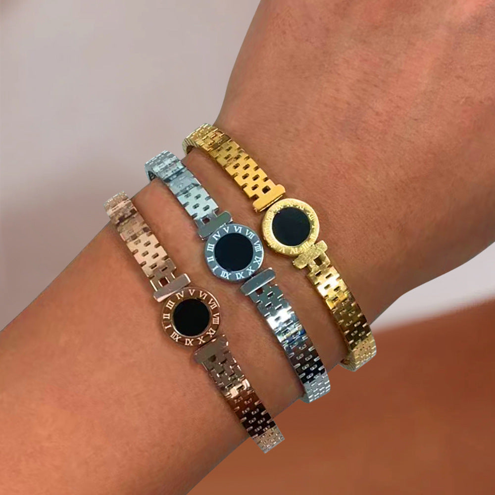 Vintage Roman Numeral Ring Stainless Steel Bracelet Titanium Steel, Fade-Resistant, Spring-Closure Bracelet