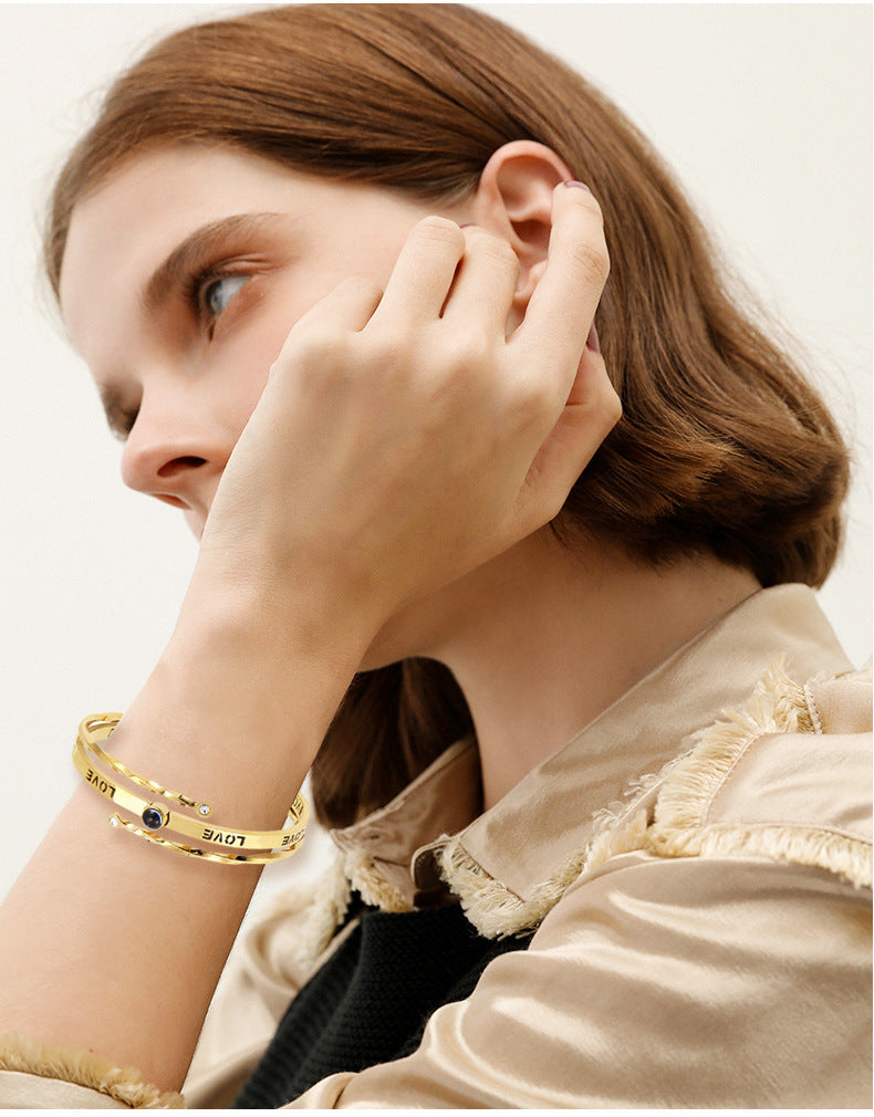 Custom Cross-Border Stainless Steel Spring Bracelet with LOVE Letter Projection Design  Titanium Steel Gold-Tone Bracelet