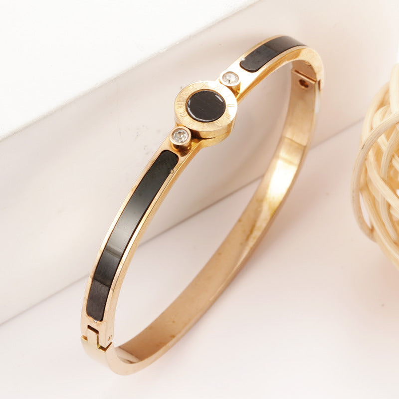 Minimalist Stainless Steel Diamond-Set Bracelet Black Onyx and Shell Diamond-Set 18K Rose Gold Bracelet