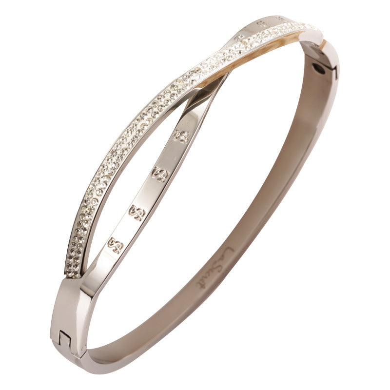 Women's Fashionable Geometric Pearl and Diamond-Set Rose Gold Titanium Steel Bracelet