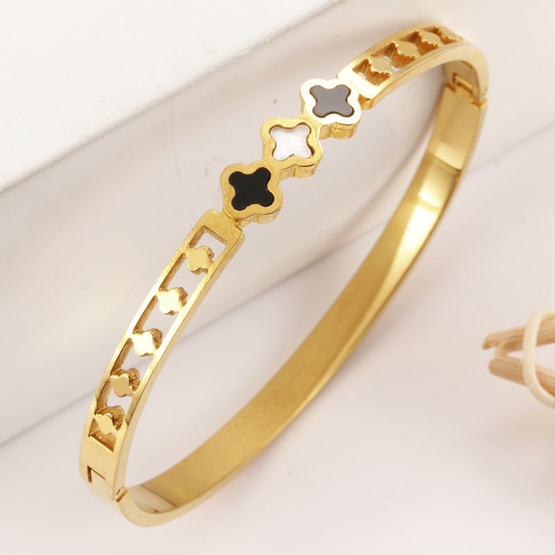 304 Titanium-Steel Bracelet for Best Friends Gold-Plated with Shell and Four-Leaf Clover Inlays