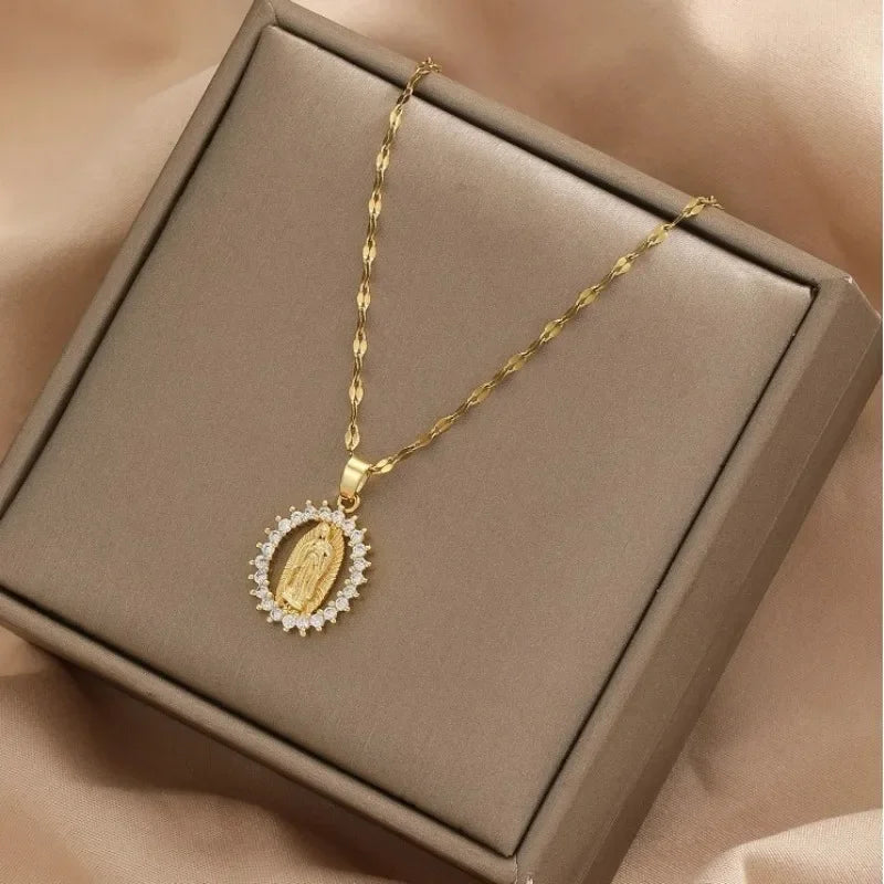 Gorgeous Women's All Sky Star Micro Inlaid Colorful Zircon Virgin Mary Hollow Necklace