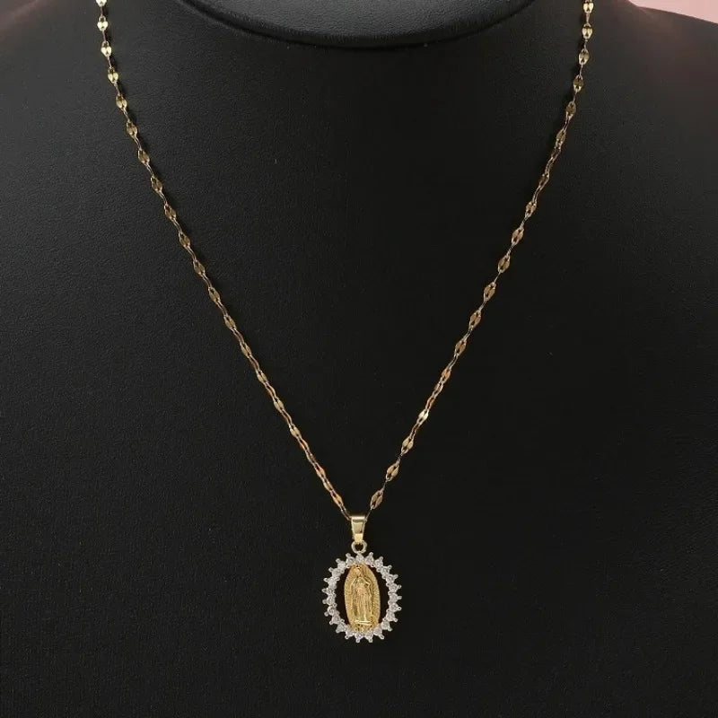 Gorgeous Women's All Sky Star Micro Inlaid Colorful Zircon Virgin Mary Hollow Necklace