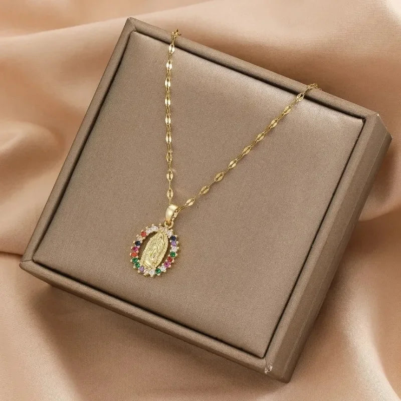 Gorgeous Women's All Sky Star Micro Inlaid Colorful Zircon Virgin Mary Hollow Necklace