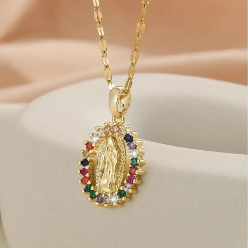 Gorgeous Women's All Sky Star Micro Inlaid Colorful Zircon Virgin Mary Hollow Necklace