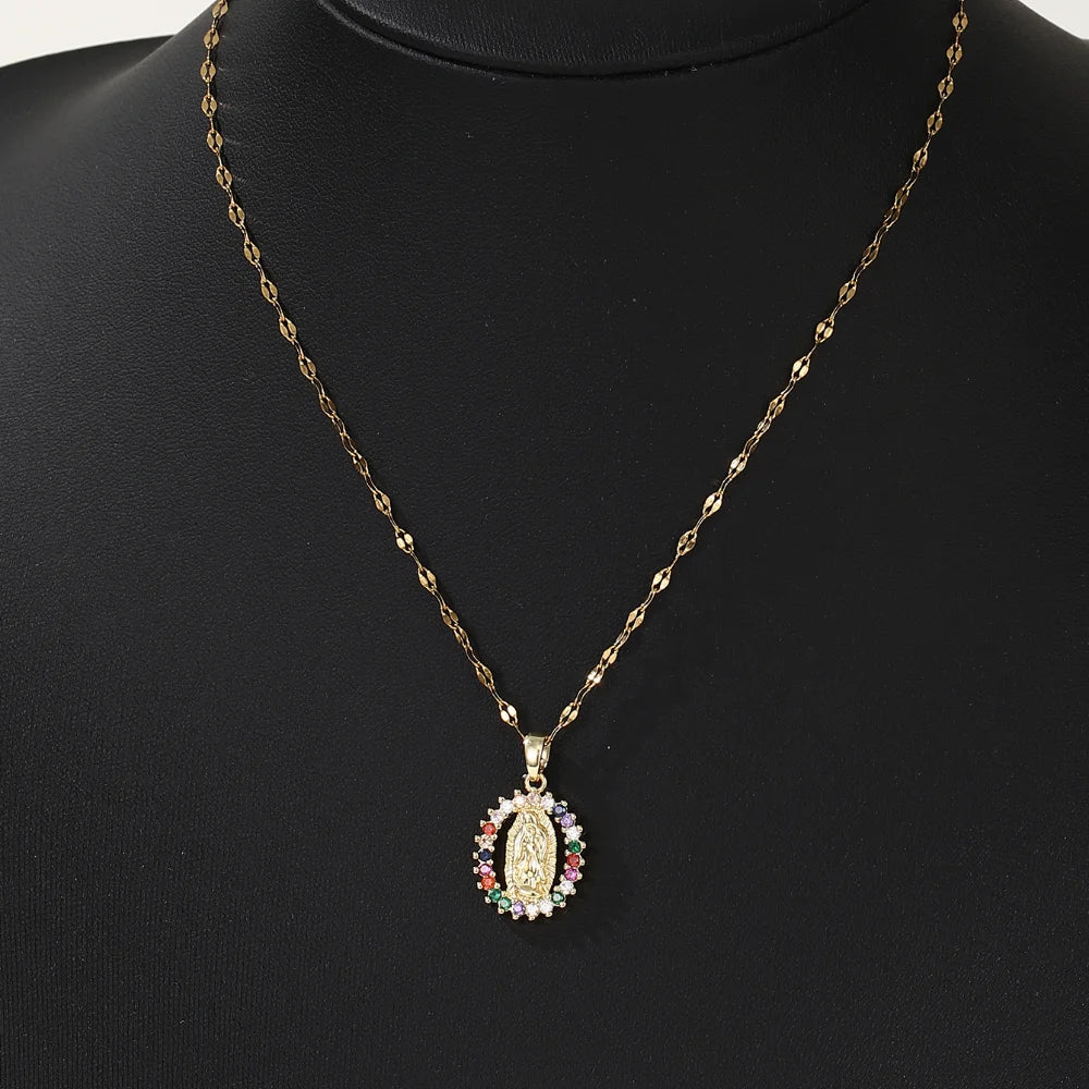 Gorgeous Women's All Sky Star Micro Inlaid Colorful Zircon Virgin Mary Hollow Necklace