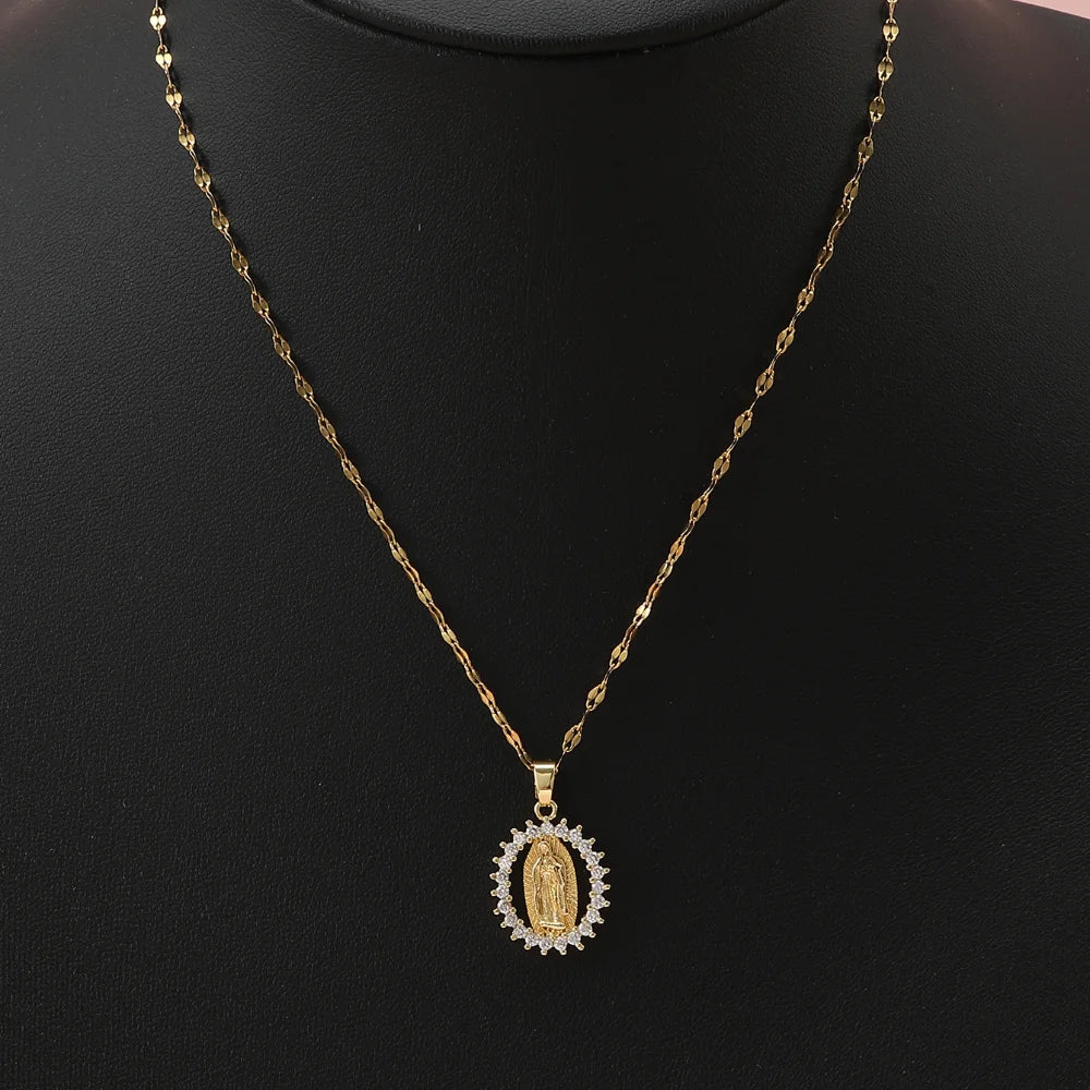 Gorgeous Women's All Sky Star Micro Inlaid Colorful Zircon Virgin Mary Hollow Necklace