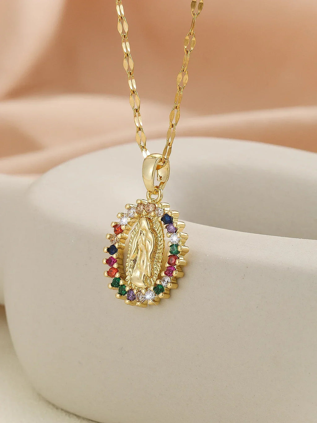 Gorgeous Women's All Sky Star Micro Inlaid Colorful Zircon Virgin Mary Hollow Necklace