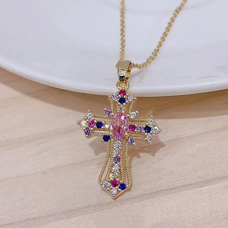 Hip Hop Zircon Cross Shiny Pendant Stainless Steel Necklace Charm Bling Exquisite Necklaces Jewelry